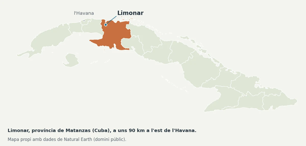 Mapa de Cuba amb la província de Matanzas destacada i la situació de Limonar